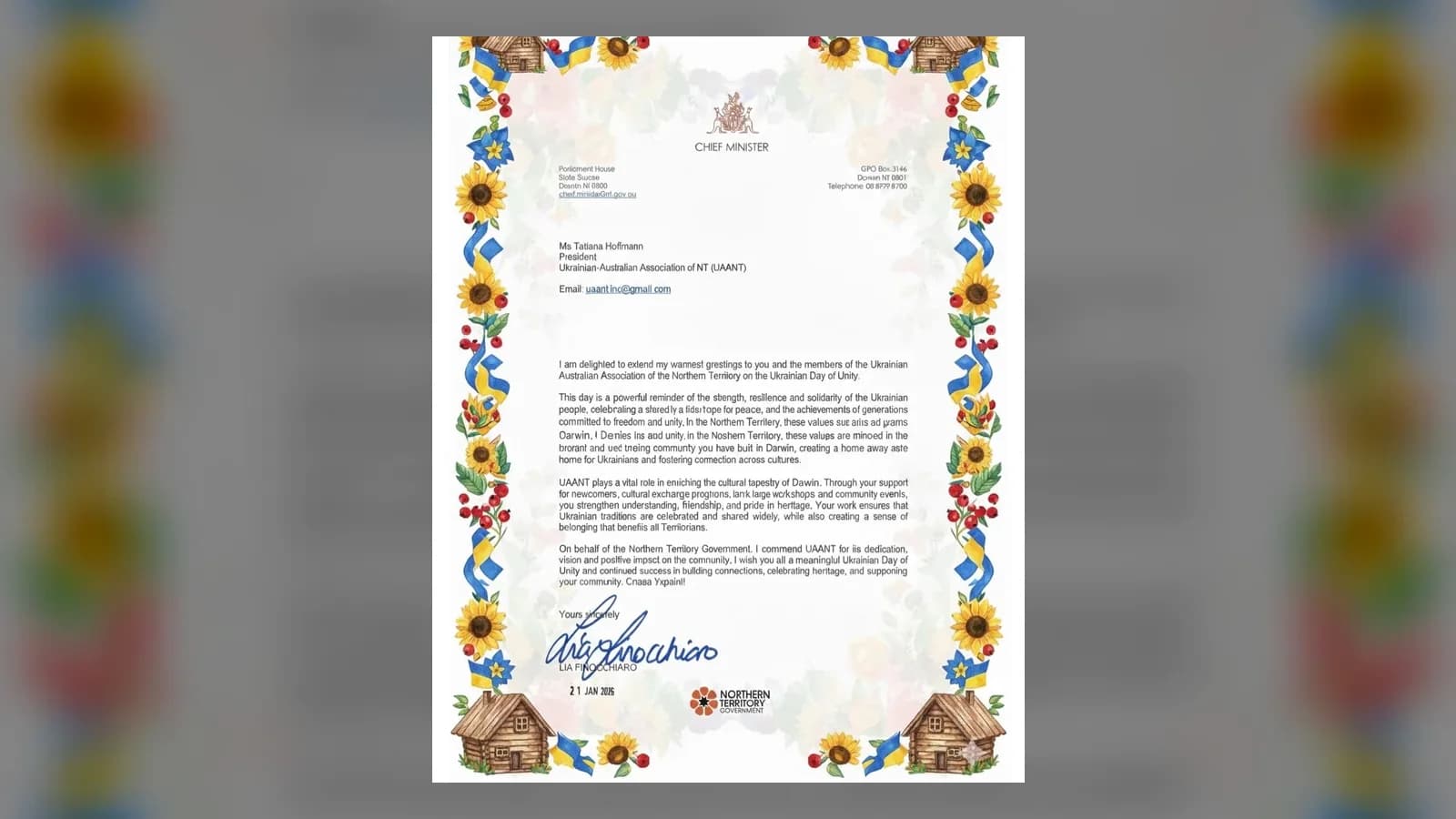 Головна міністерка Північної Території привітала UAANT із Днем Соборності України