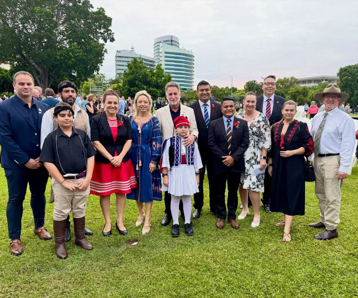 Latvian and Ukrainian community members with friends at the Darwin Cenotaph
