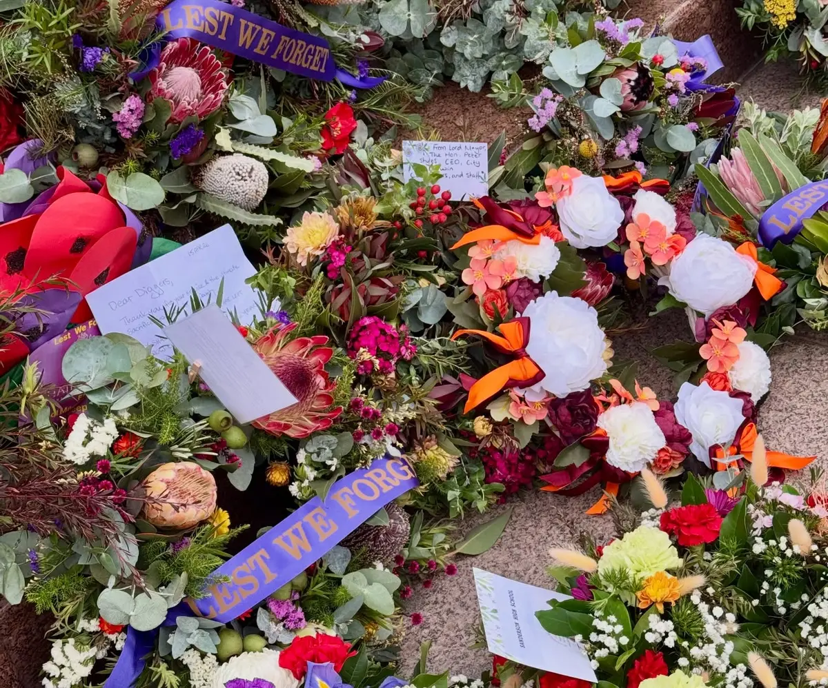 The Latvian and Ukrainian wreath among ANZAC Day floral tributes