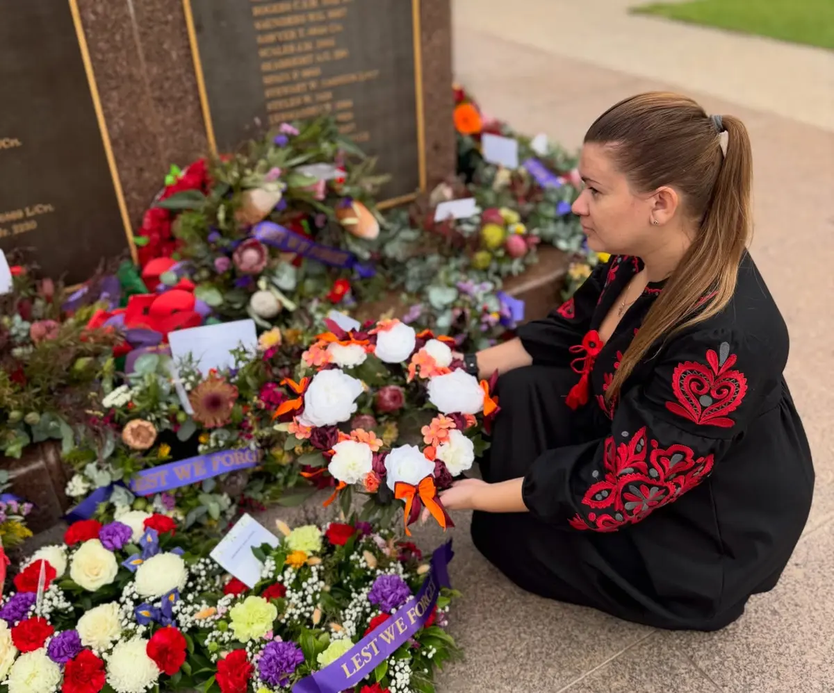Ukrainian representative laying the joint wreath at the Cenotaph